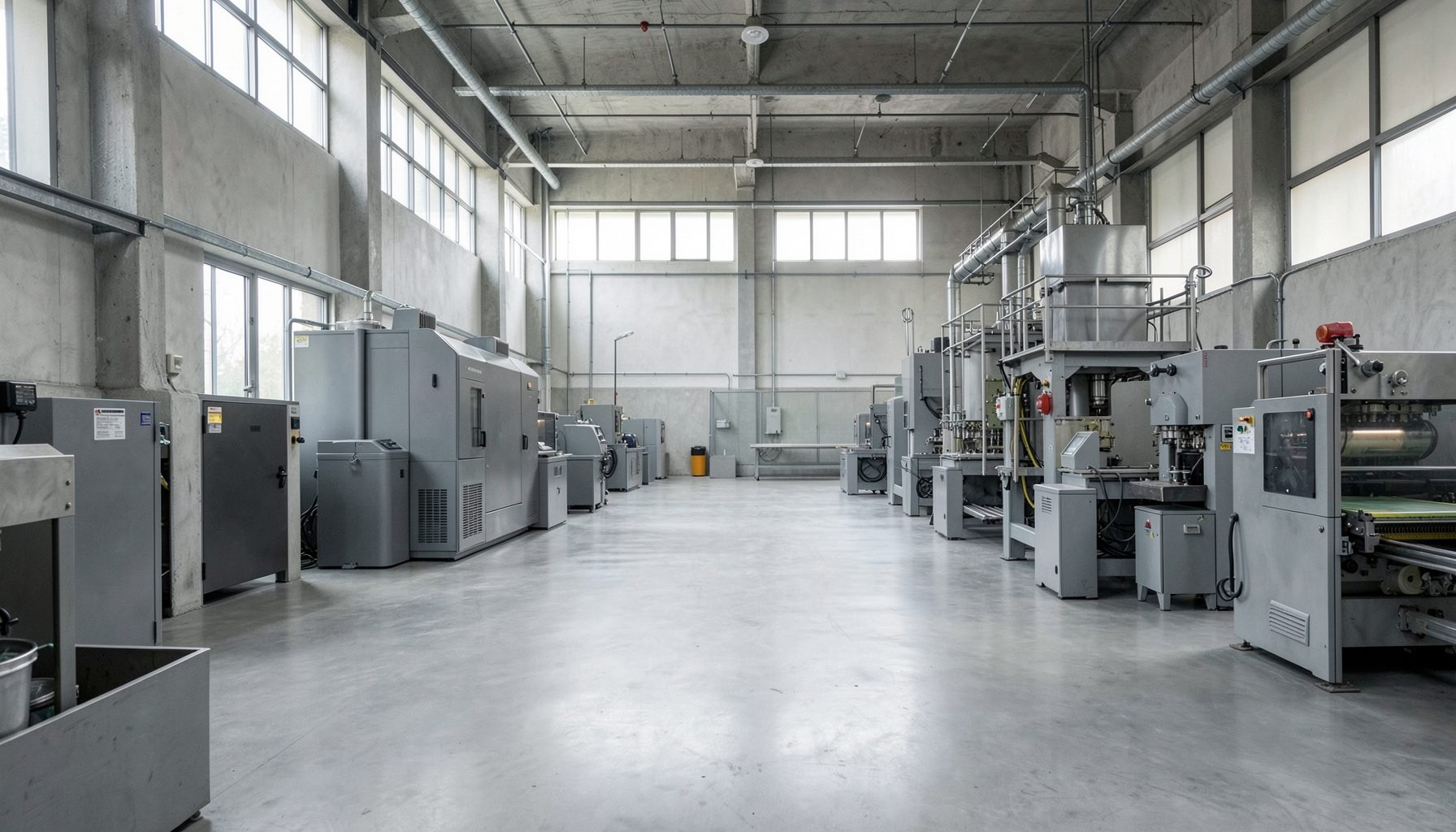 A wide, atmospheric view of a modern factory floor with clean concrete surfaces, muted gray machinery, and soft natural light