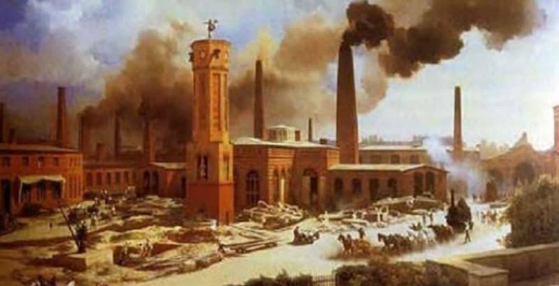 Painting of an industrial factory complex with tall smoking chimneys, horse-drawn carts, and workers, warm sepia and brown tones